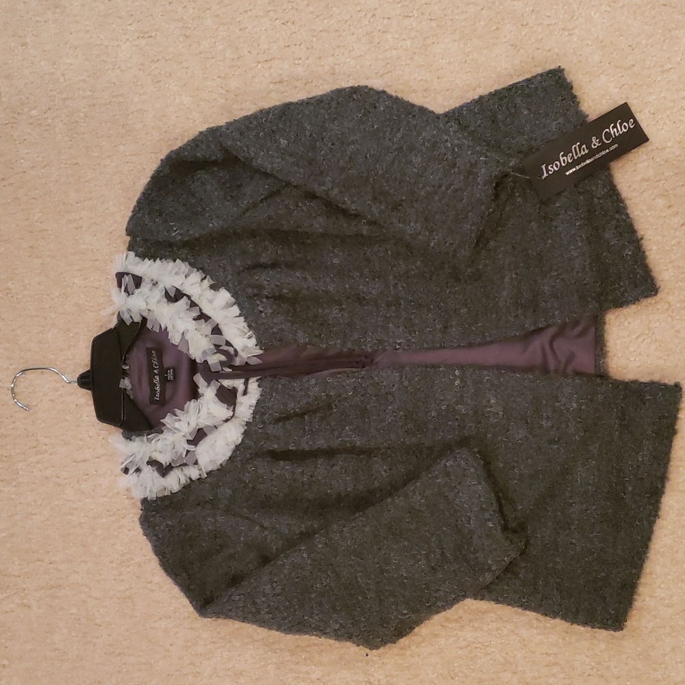 Isobella & Chloe grey and black jacket with tulle trim around neck.